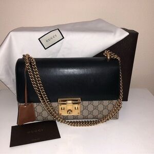 Gucci GG Supreme Monogram Calfskin Medium Padlock Shoulder Bag Beige Black Cuir